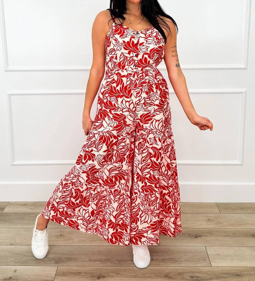 NEW IN FEBRUARY airy floral leaf print jumpsuit in red